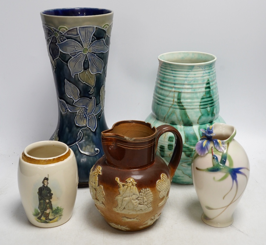 A Doulton Lambeth stoneware vase, a G.M. For Beswick vase, a Franz vase, a James Nicoll & Son and a Doulton stoneware jug, tallest 27cm. Condition - chips to Doulton